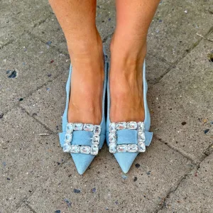 Adeline Rhinestone Buckle Slingback Kitten Denim Heel