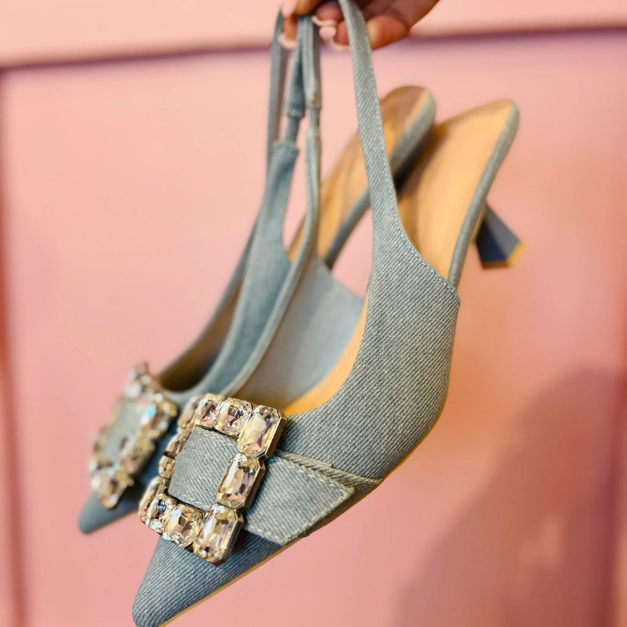 Adeline Rhinestone Buckle Slingback Kitten Denim Heel
