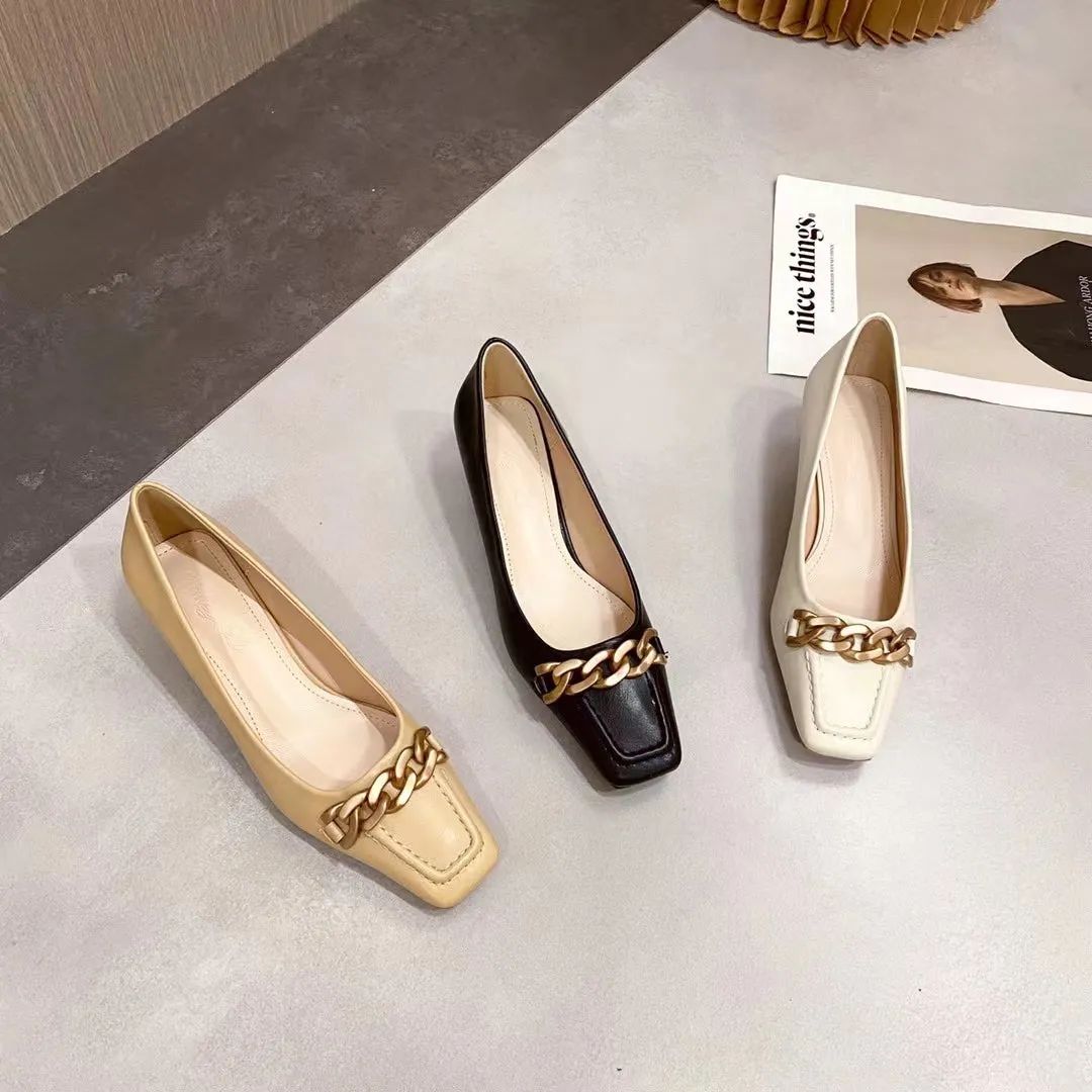 Alexandra Gold Buckle Square Toe Kitten Heels