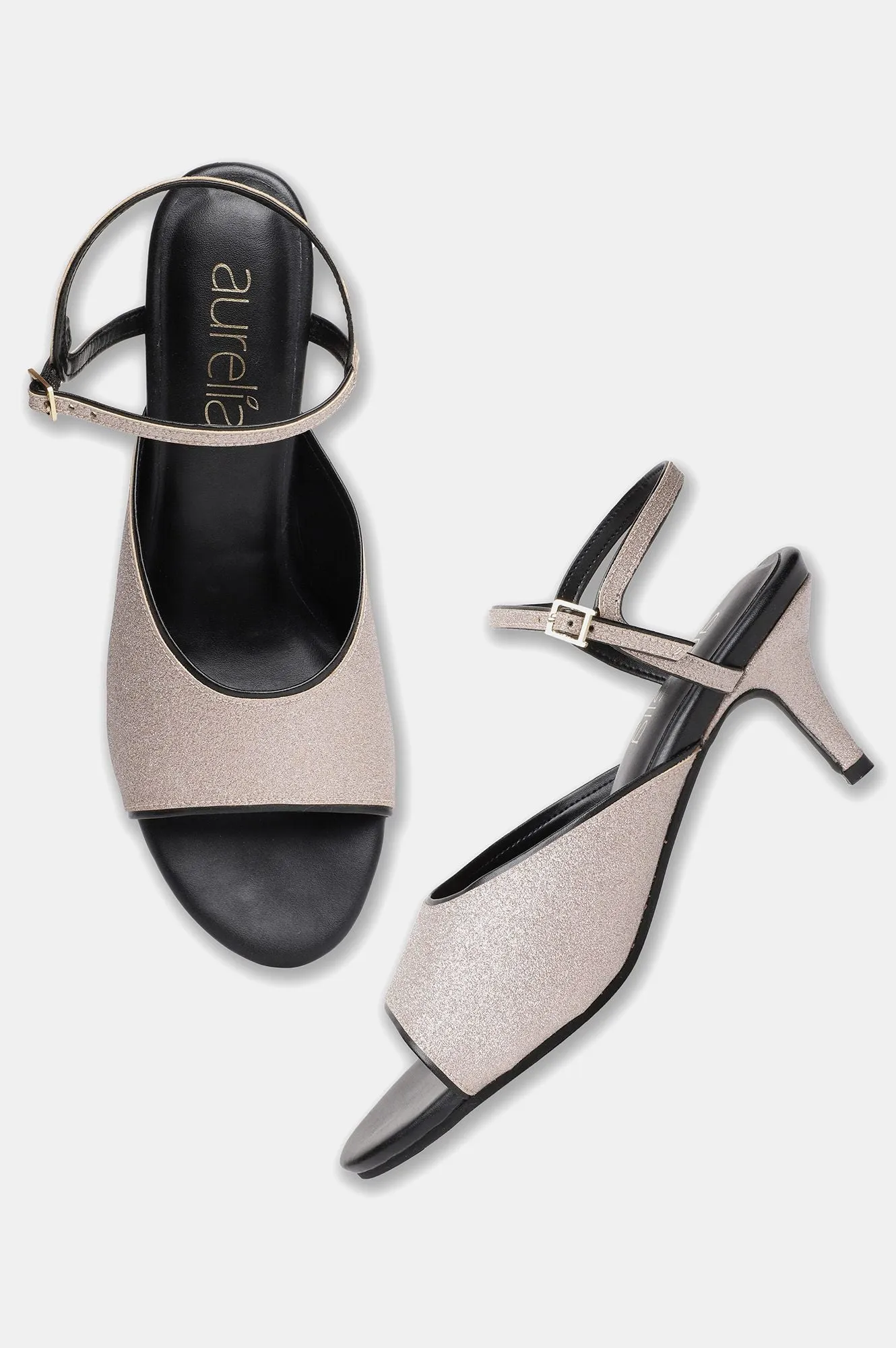 Aurelia Glitter Gold Glitter Square Kitten Heel