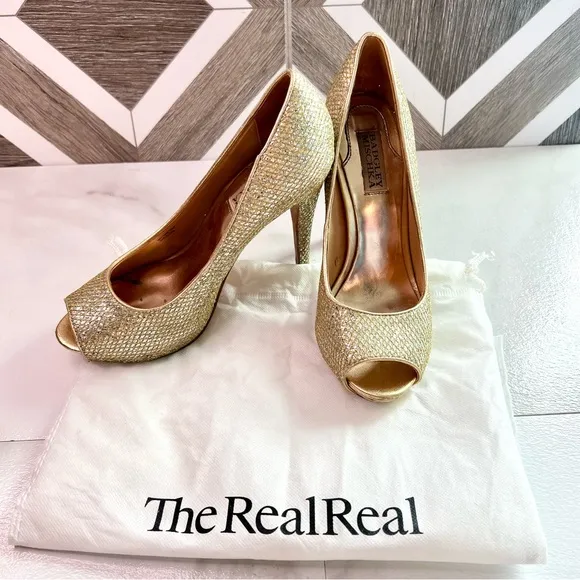 Badgley Mischka Humbie II Gold Glitter Sparkle Peep toe Platform size 7.5