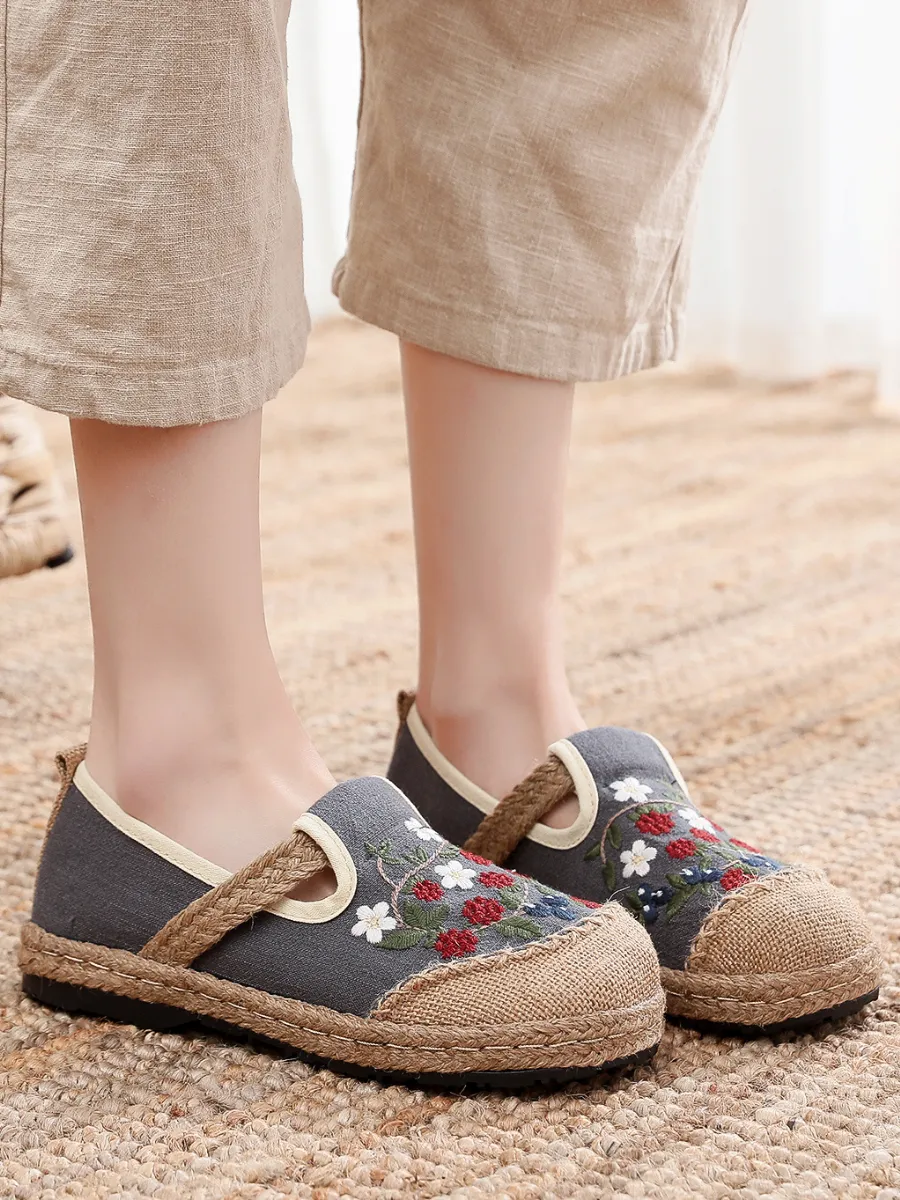Berry Daisy Embroidered Linen Espadrilles Loafers Sneakers- Grey