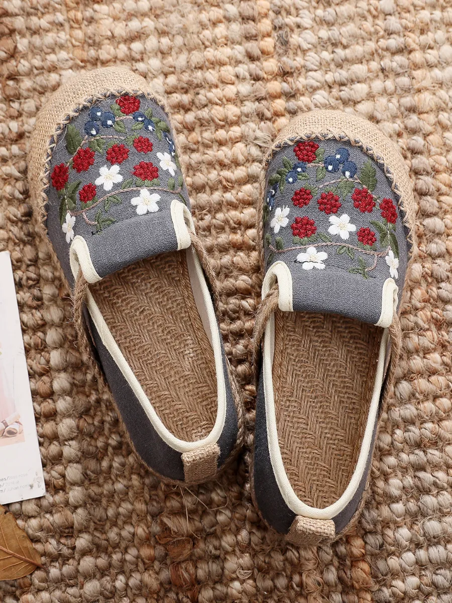 Berry Daisy Embroidered Linen Espadrilles Loafers Sneakers- Grey