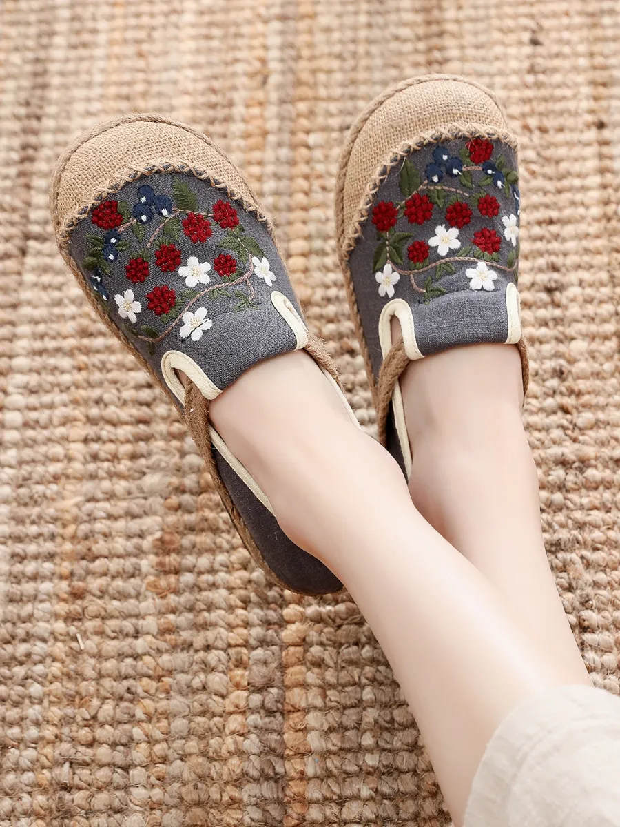Berry Daisy Embroidered Linen Espadrilles Loafers Sneakers- Grey