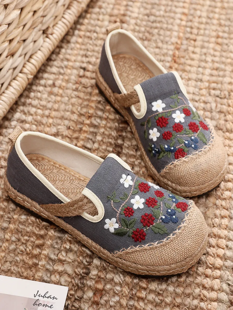 Berry Daisy Embroidered Linen Espadrilles Loafers Sneakers- Grey