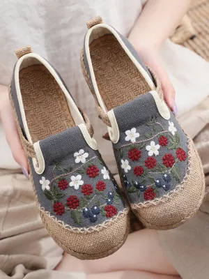 Berry Daisy Embroidered Linen Espadrilles Loafers Sneakers- Grey