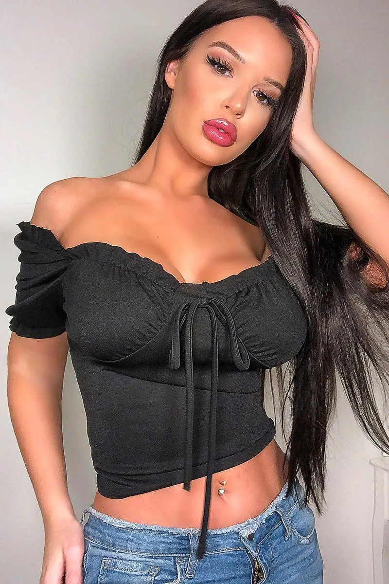 Black Bow Front Ruched Detail Top - Charlie
