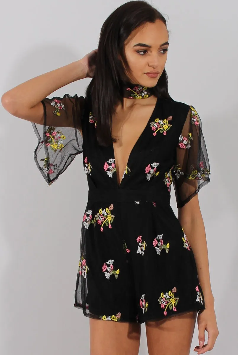 Black Floral Flared Sleeve Mesh Embroidered Plunge Playsuit - Lita