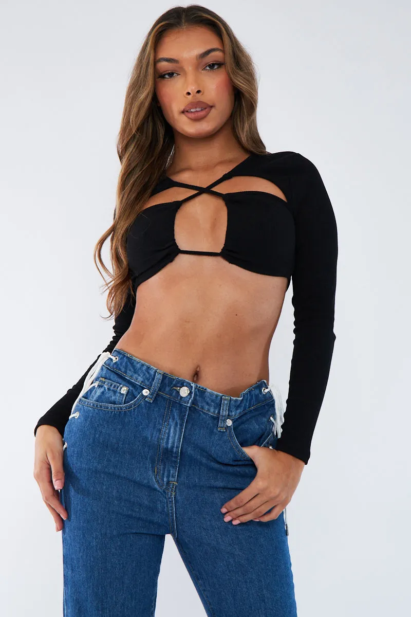 Black Front Cut Out Rib Crop Top - Ivy