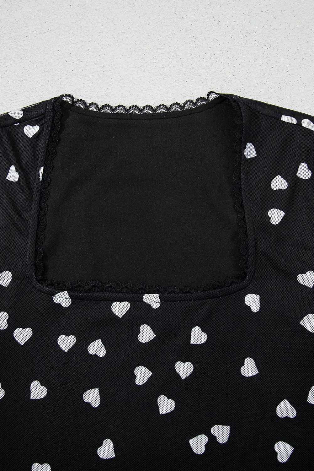 Black Heart Shape Mesh Patchwork Square Neck Bodysuit