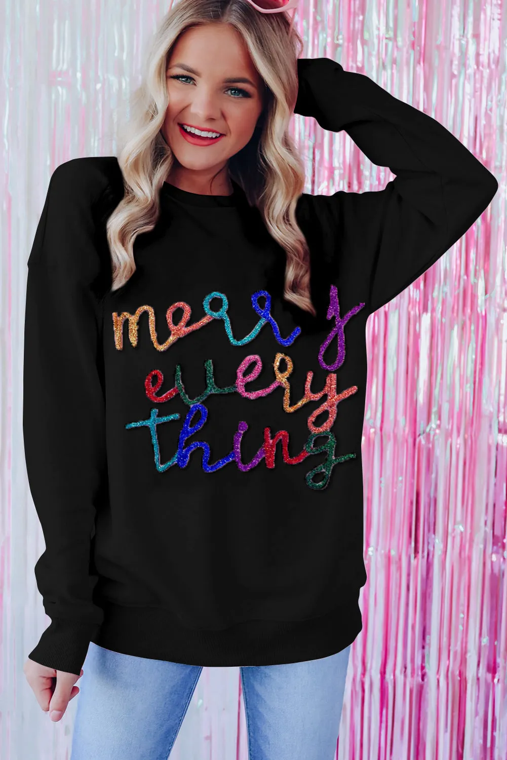 Black Merry Every Thing Glitter Slogan Sweatshirt