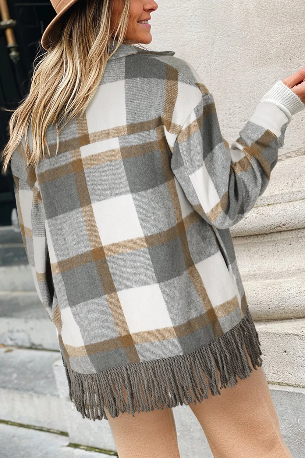 Black Plaid Snap Button Pocket Fringed Hem Jacket