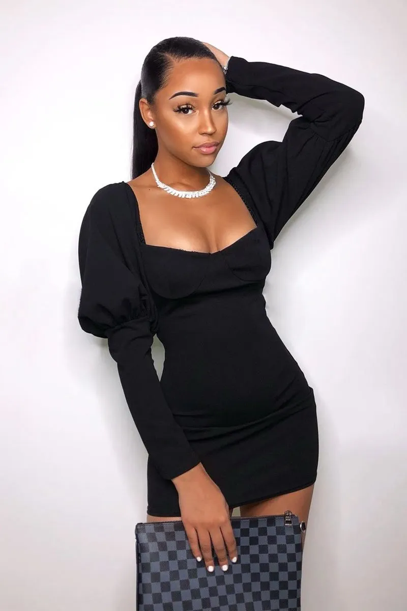 Black Puff Sleeve Bardot Neckline Milkmaid Mini Dress - Nyomi