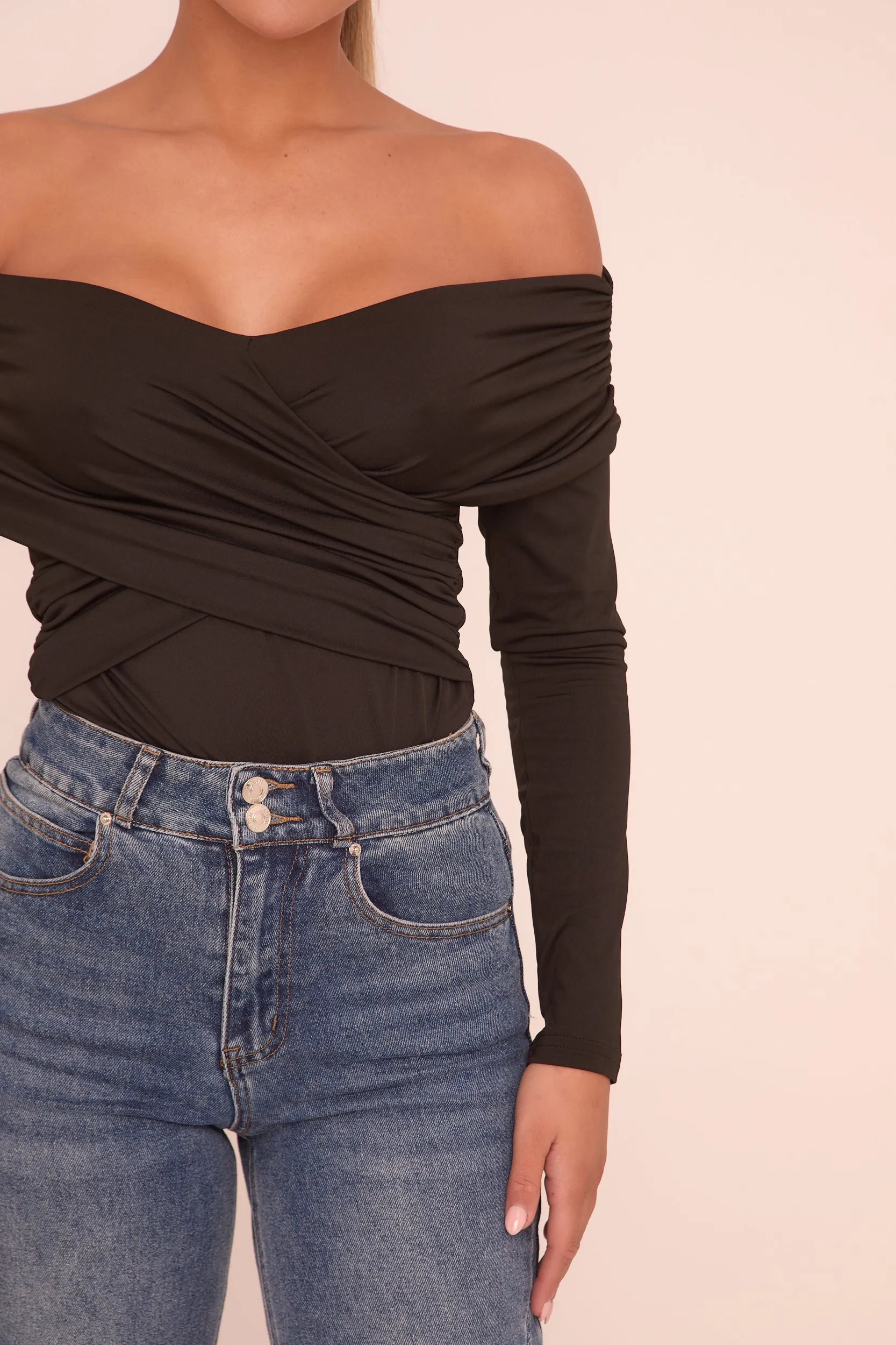 Black Ruched Bardot Long Sleeves Bodysuit - Ines