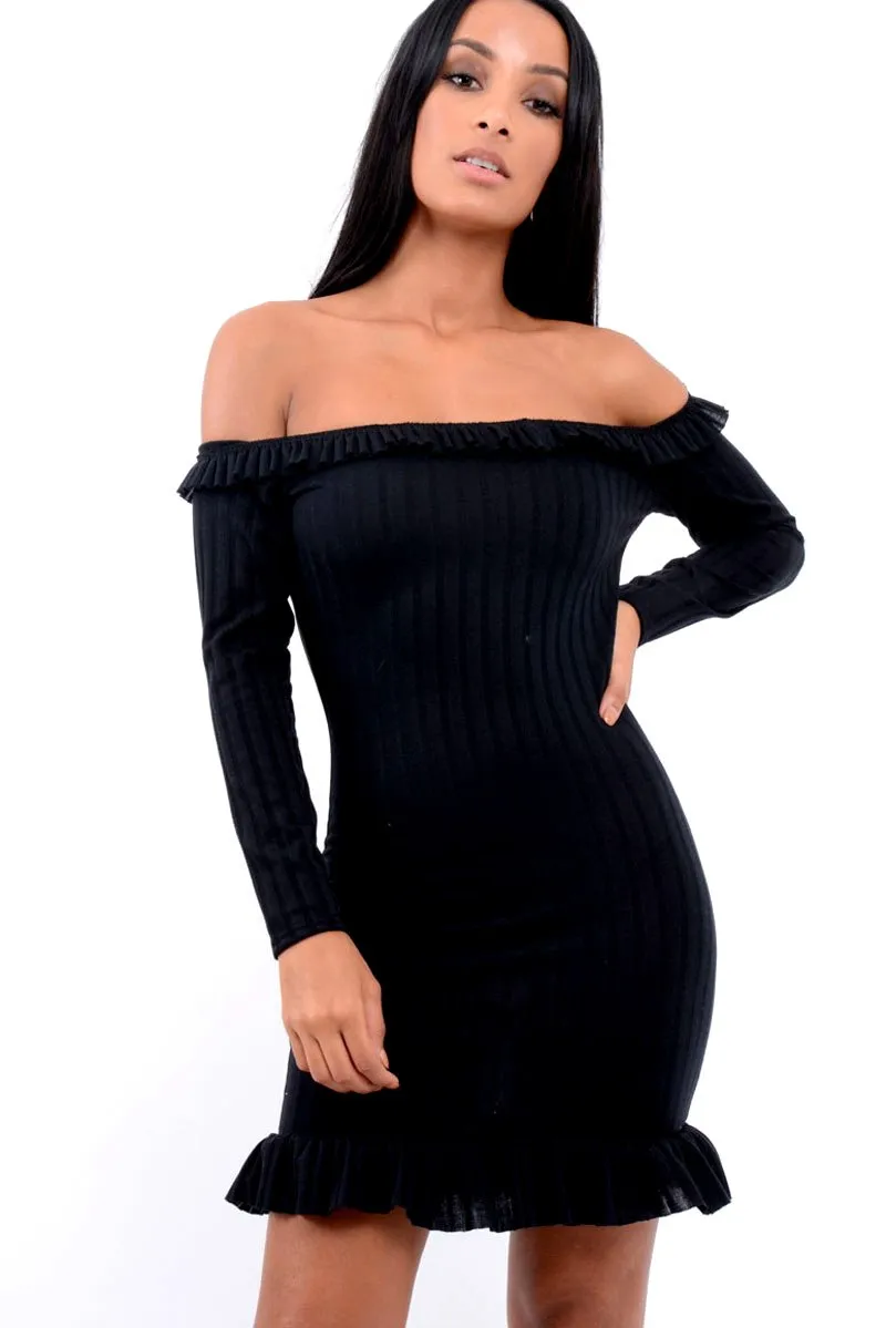 Black Ruffle Hem Ribbed Bardot Mini Dress - Destiny