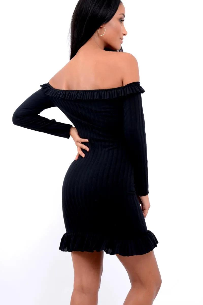 Black Ruffle Hem Ribbed Bardot Mini Dress - Destiny
