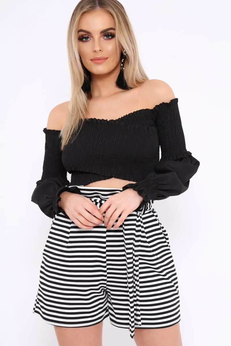 Black Shirred Bardot Crop Top - Abisha