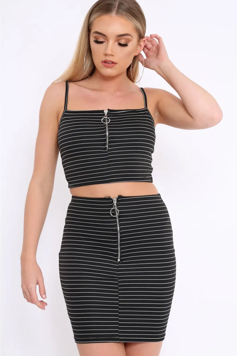 Black Stripe Ring Zip Front Mini Skirt And Bralet - Rosi
