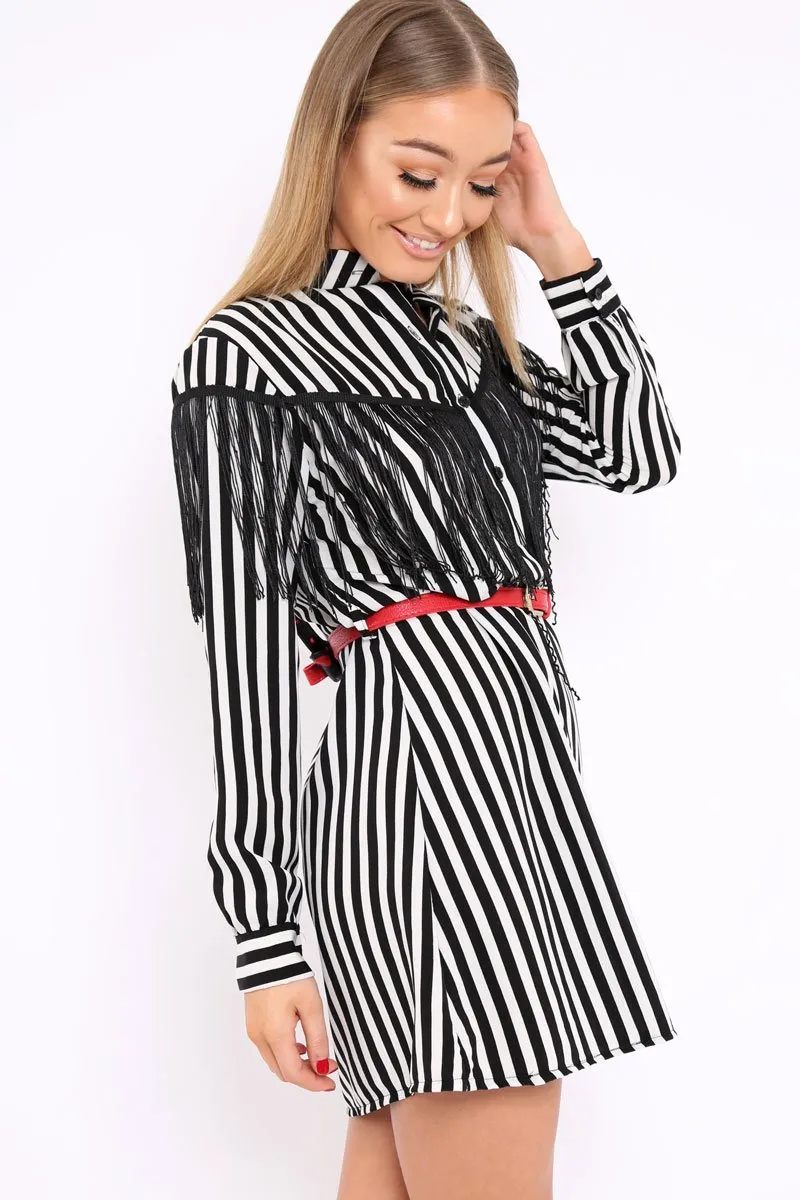 Black Stripe Tassel Shirt Dress -Imo