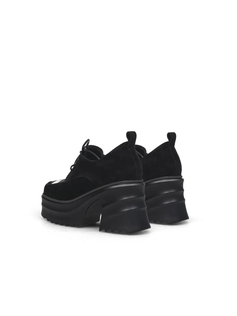 Black Suede Leather Chunky Heel Oxford