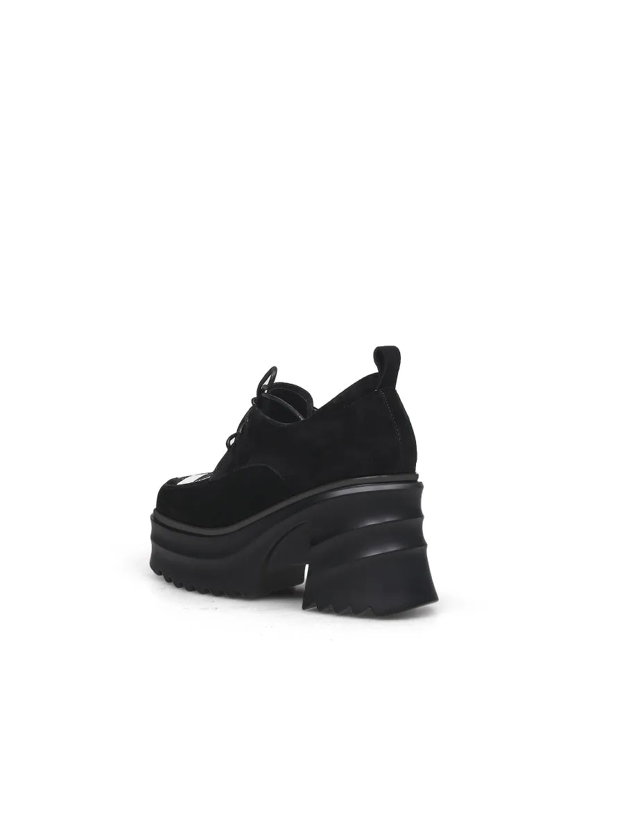 Black Suede Leather Chunky Heel Oxford
