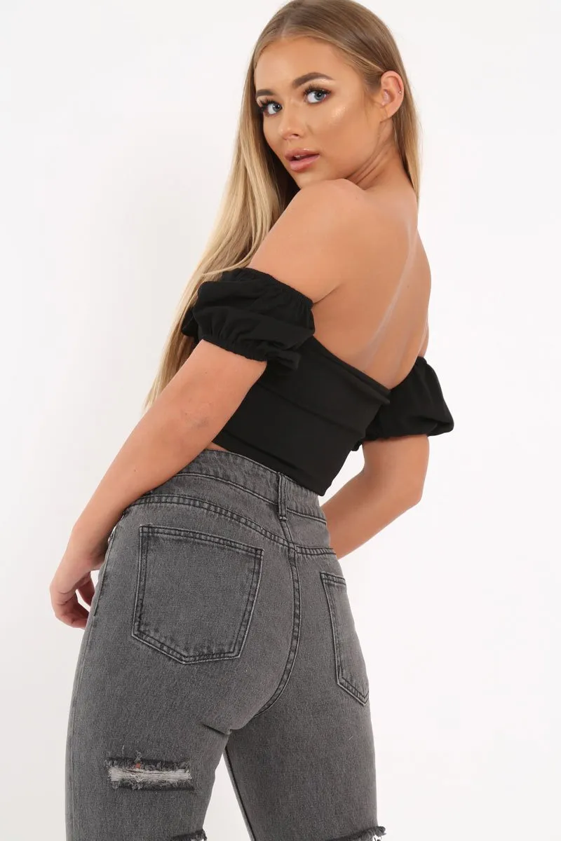 Black Tie Front Bardot Crop Top - Amaya