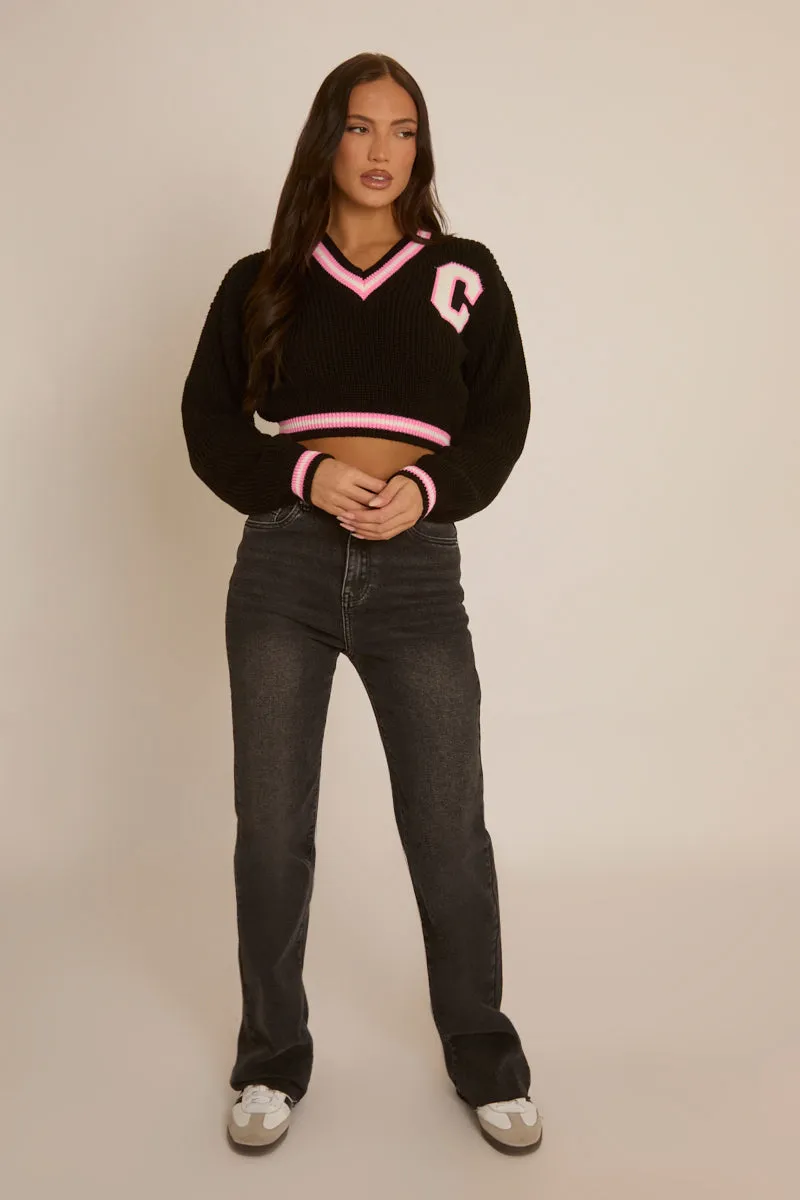 Black Varsity Crop Jumper - Rory