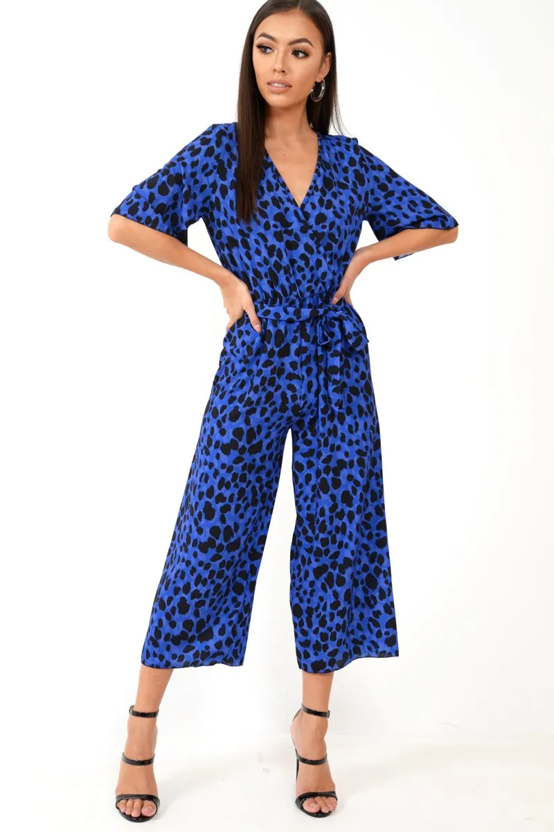 Blue Leopard Print Wrap Culotte Jumpsuit -Juni
