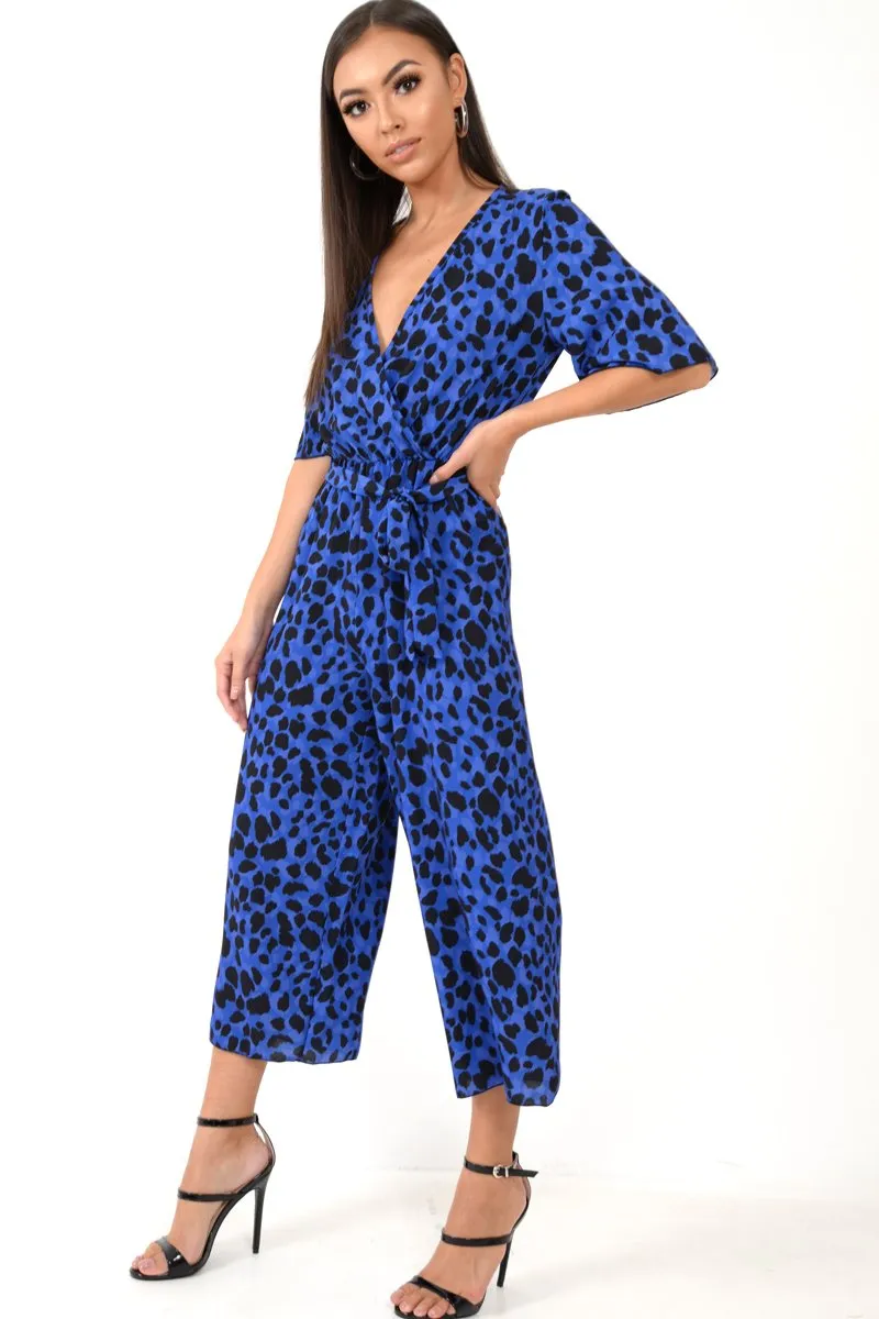 Blue Leopard Print Wrap Culotte Jumpsuit -Juni