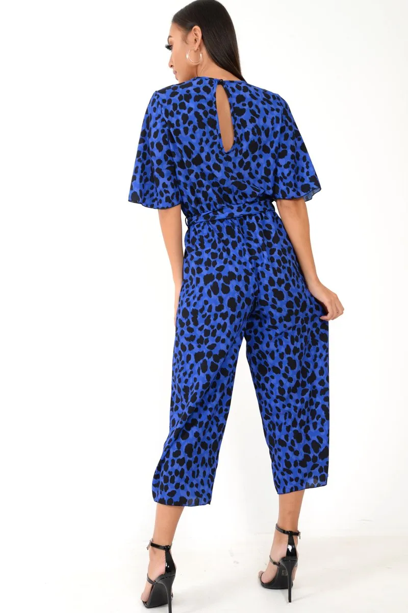 Blue Leopard Print Wrap Culotte Jumpsuit -Juni