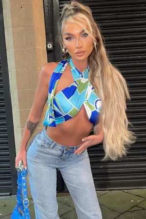 Blue Print Tie Halter Neck Crop Top - Aashi