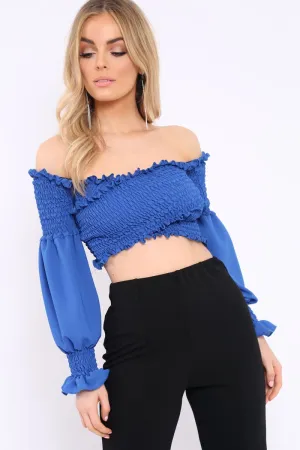 Blue Shirred Wrap Over Bardot Crop Top - Zuri