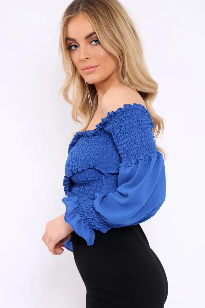 Blue Shirred Wrap Over Bardot Crop Top - Zuri