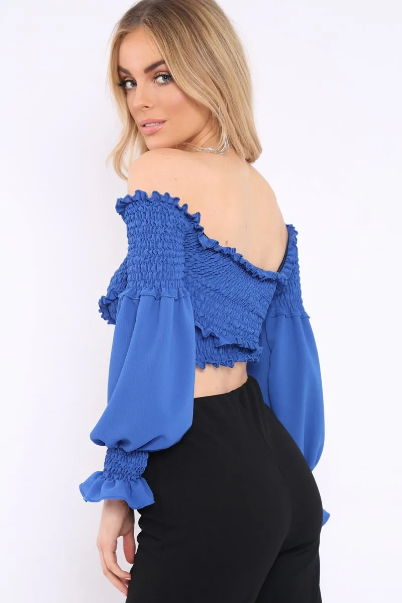 Blue Shirred Wrap Over Bardot Crop Top - Zuri