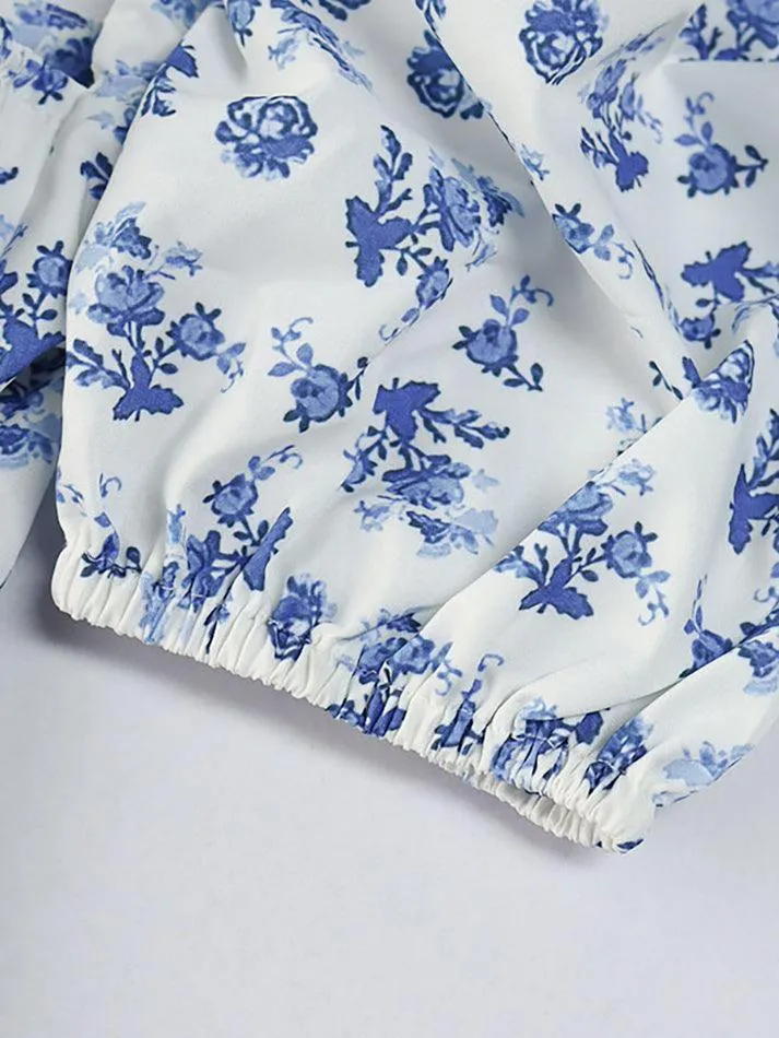 Blue vintage puff sleeve floral maxi dress