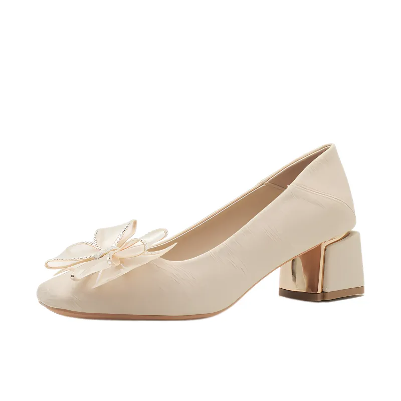 Bow Square-Toe Block-Heel Pumps