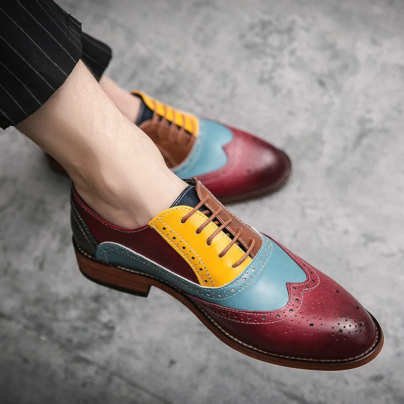 British Style Hit Color Lace-Up Brogues Low-Cut Personality Men's Shoes Trend
