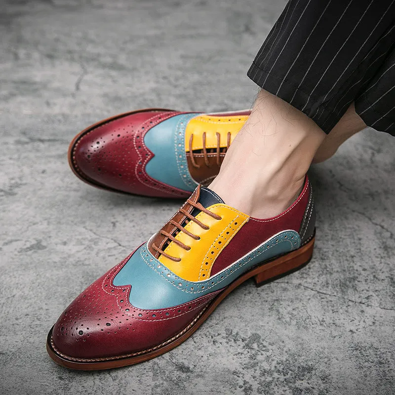 British Style Hit Color Lace-Up Brogues Low-Cut Personality Men's Shoes Trend