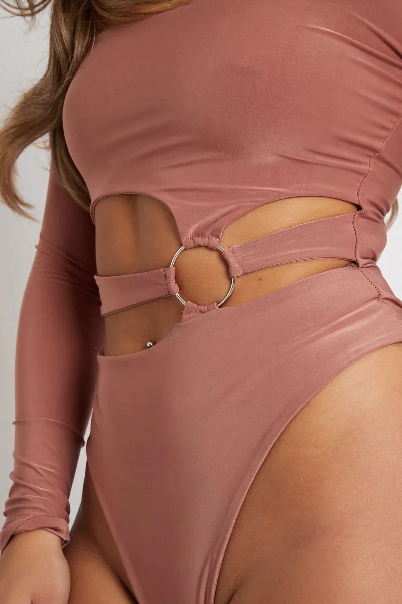 Brown Ring Detail Front Cut Out Bodysuit - Ryelee