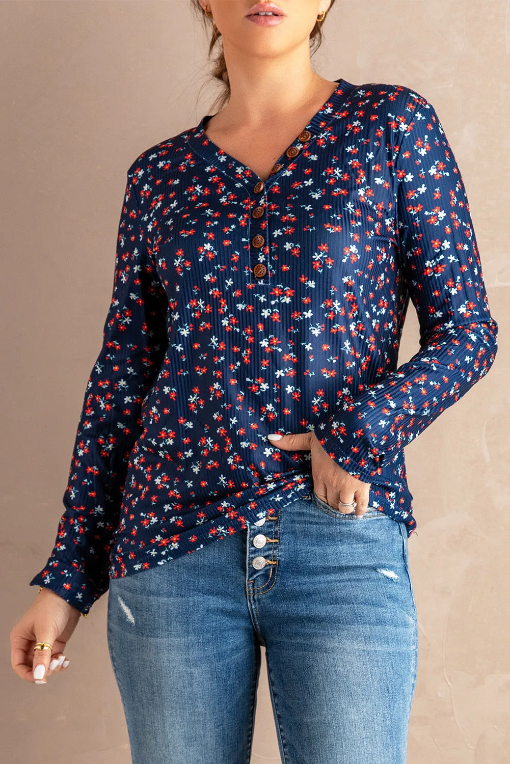 Button V Neck Long Sleeve Floral Top