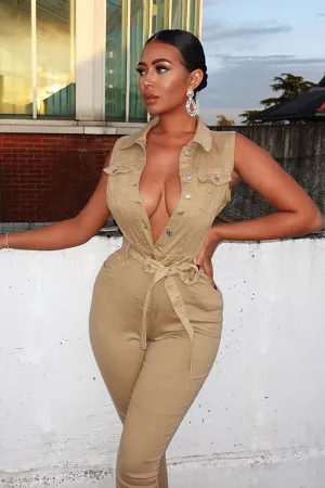 Camel Button Front Sleeveless Jumpsuit - Faven