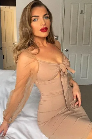 Camel Mesh Sleeves Tie Detail Cut Out Front Dress - Graclynn