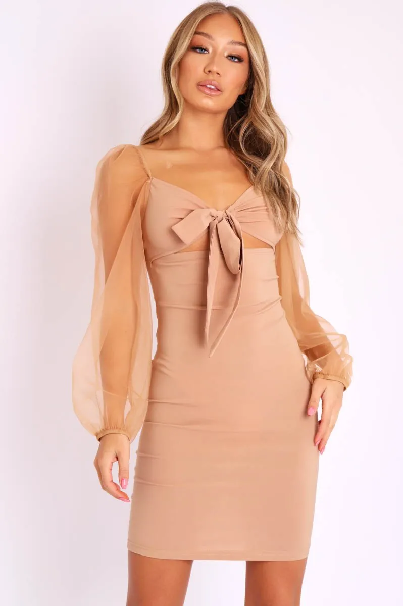 Camel Mesh Sleeves Tie Detail Cut Out Front Dress - Graclynn