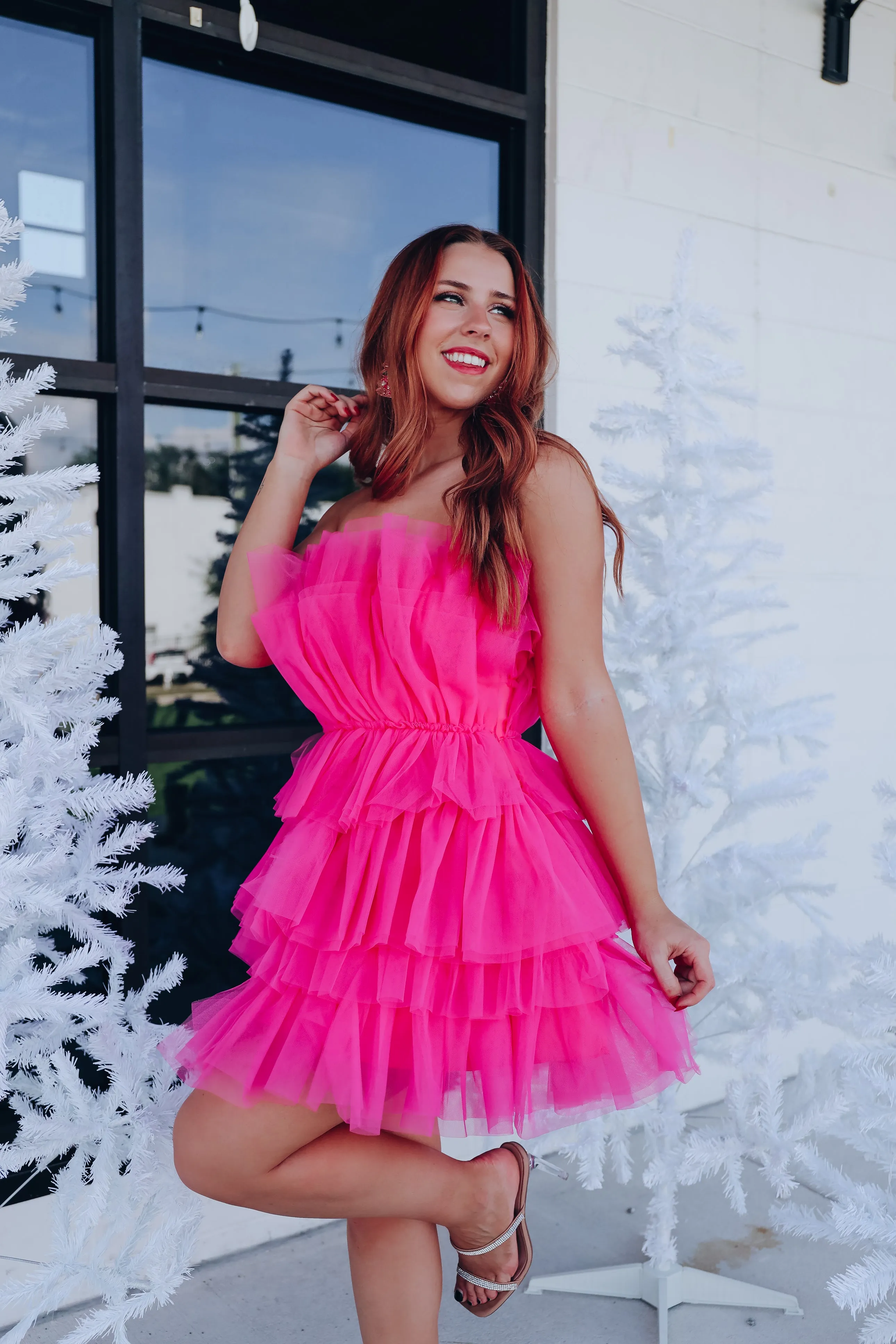Champagne Problems Tulle Mini Dress - Hot Pink