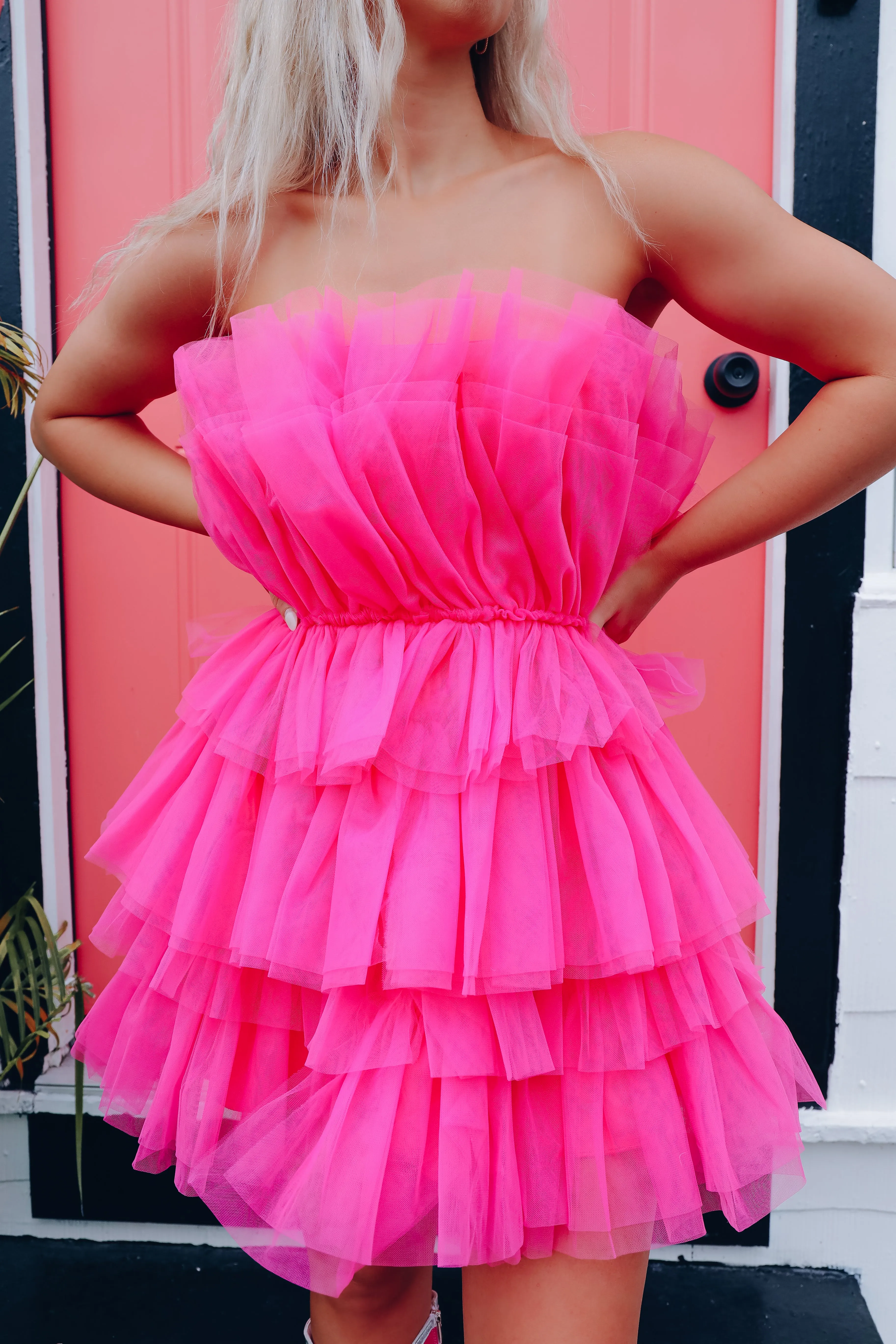 Champagne Problems Tulle Mini Dress - Hot Pink