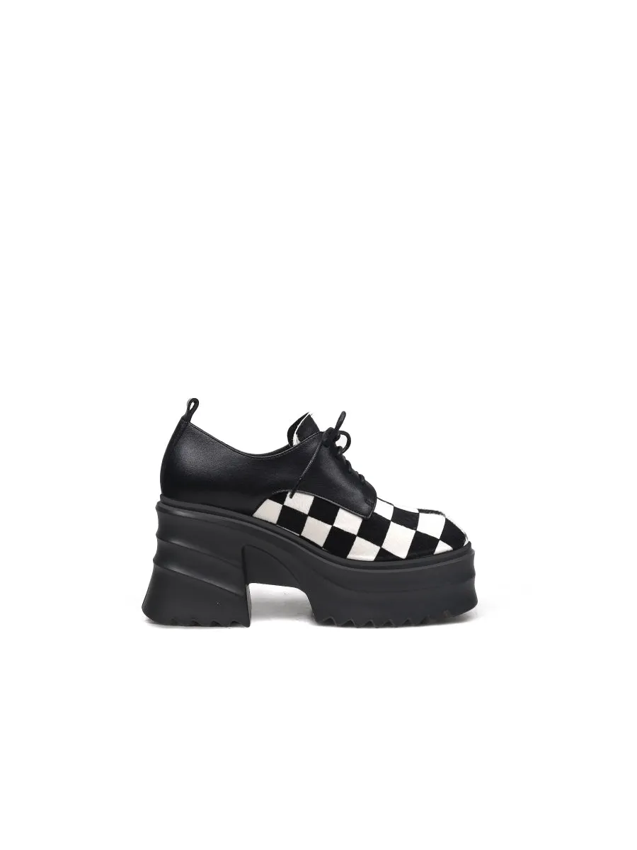 Chess Pattern Upper Leather Chunky Heel Oxford