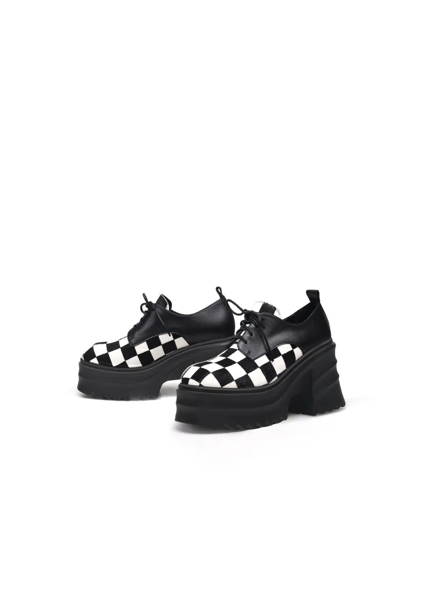 Chess Pattern Upper Leather Chunky Heel Oxford