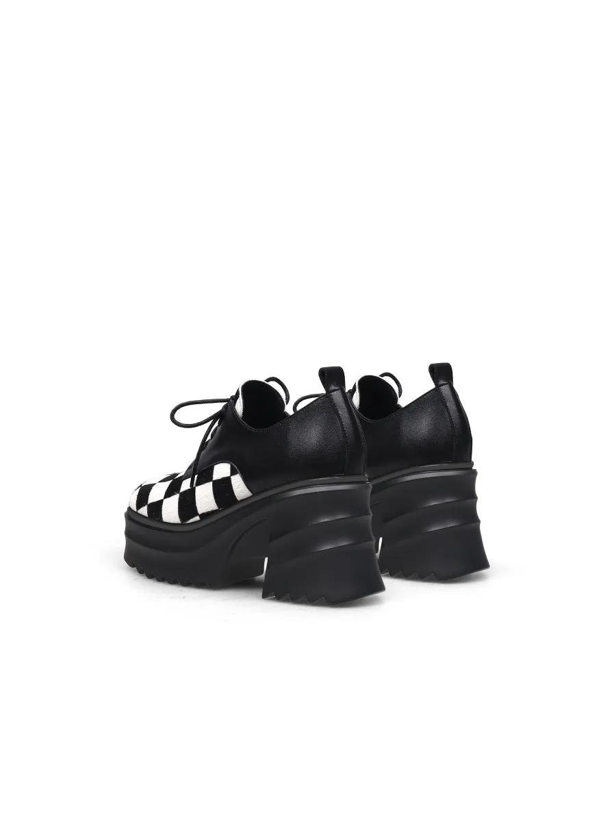 Chess Pattern Upper Leather Chunky Heel Oxford