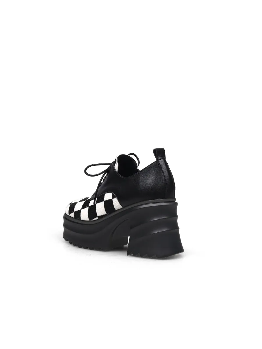 Chess Pattern Upper Leather Chunky Heel Oxford