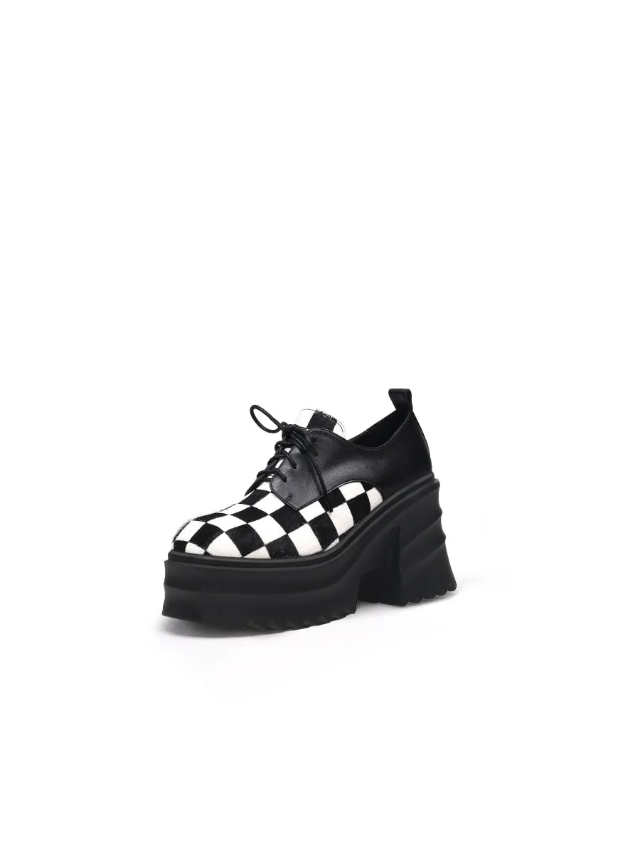 Chess Pattern Upper Leather Chunky Heel Oxford